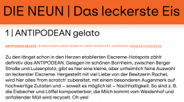Ein Textausschnitt von Frankfurt du bist so wunderbar, der erläutert, warum ANTIPODEAN gelato das leckerste Eis in Frankfurt macht 